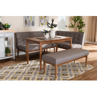 Baxton Studio BBT8051-Grey/Walnut-4PC Dining Nook Set Arvid Mid-Century Modern Gray Fabric Upholstered 4-Piece Wood Dining Nook Set